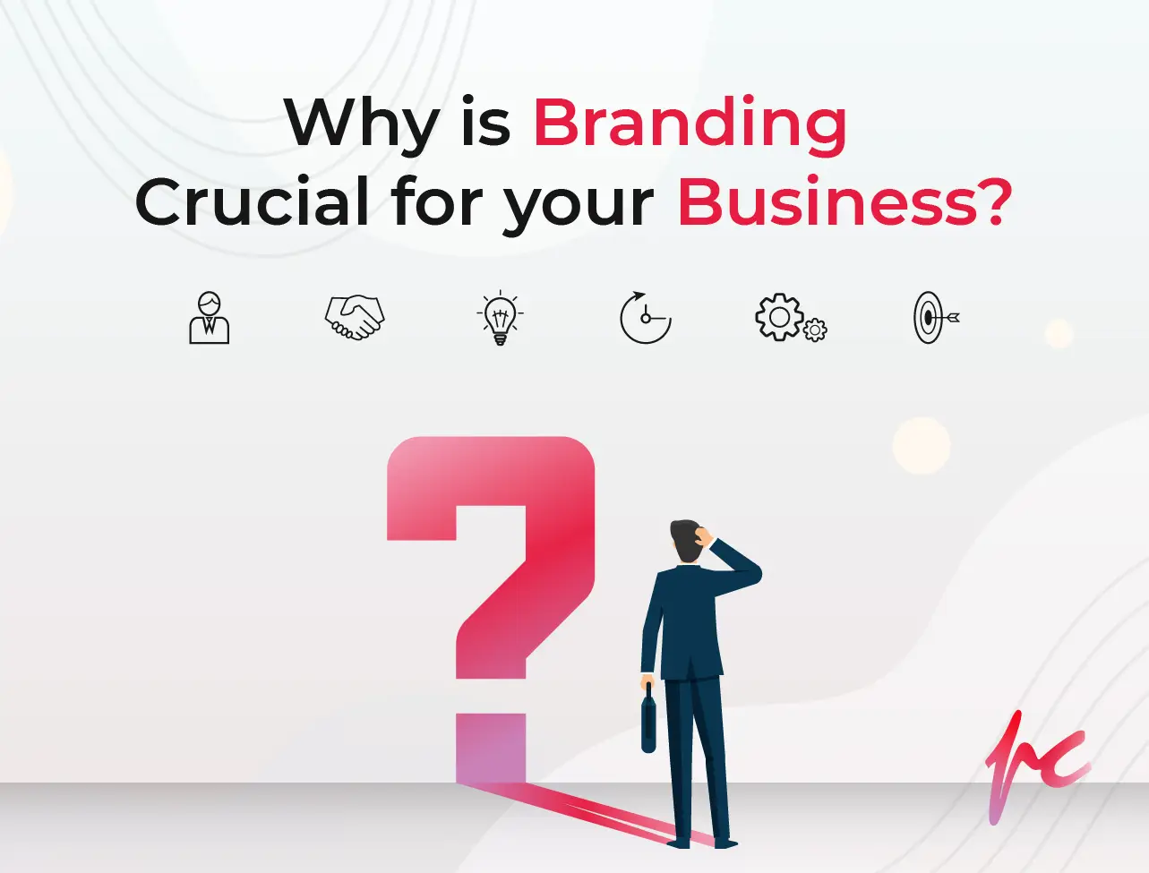 Man staring at question mark with different elements like collaboration, & brainstorming by best branding agency in Hyderabad